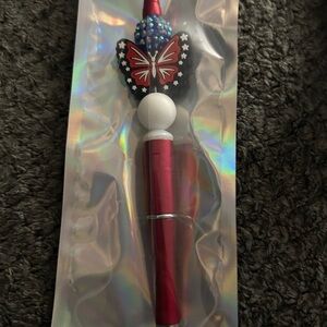 Hand Crafted Patriotic Red and White Butterfly Beaded Pen
